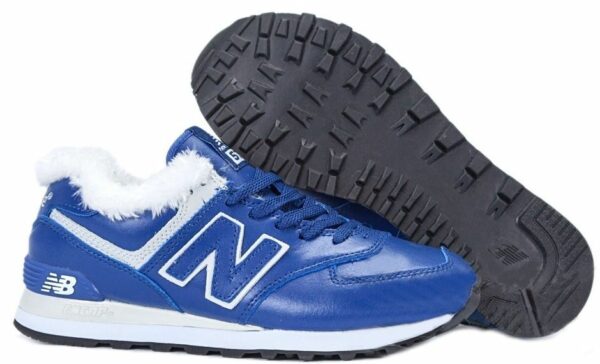 Зимние NEW BALANCE 574 с мехом кожаные синие с белым (40-45)