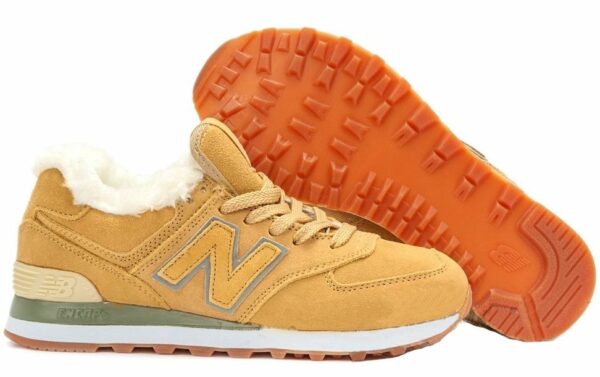 Зимние NEW BALANCE 574 с мехом замша желтые с серым (35-39)