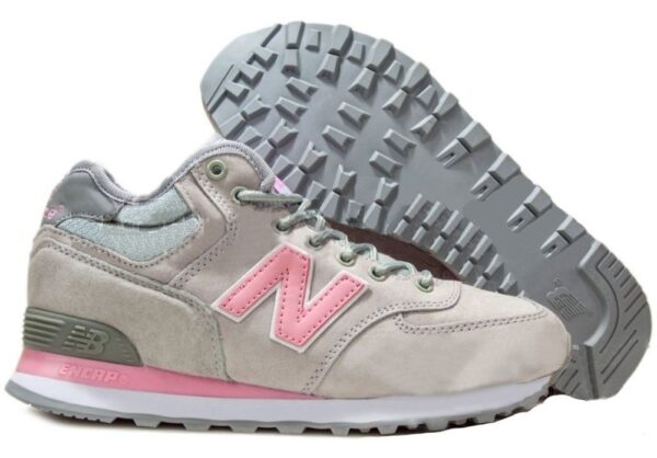 Зимние NEW BALANCE 574 High замша серые с розовым (36-40)