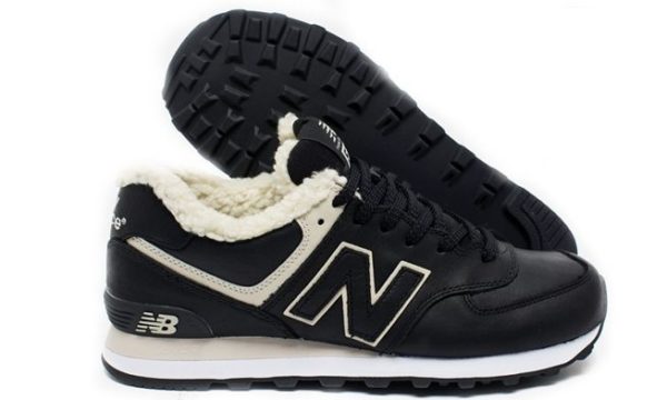 Зимние NEW BALANCE 574 с мехом кожа Black (36-44)