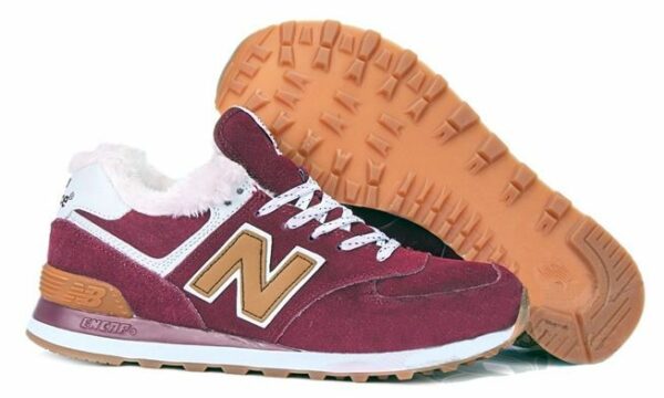 Зимние NEW BALANCE 574 с мехом замша бордовые с желтым (35-39)