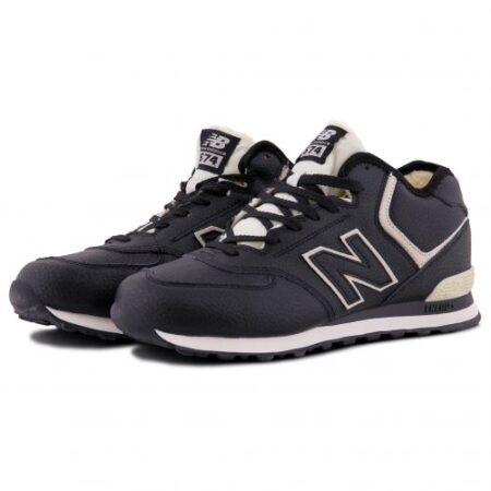 Зимние New Balance 574 Black с мехом черные с белым кожаные мужские (40-45)