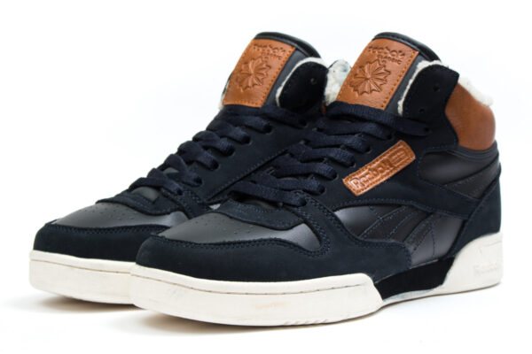 Зимние Reebok Classic Leather Mid с мехом темно-синие с коричневым кожа-нубук мужские (40-44)